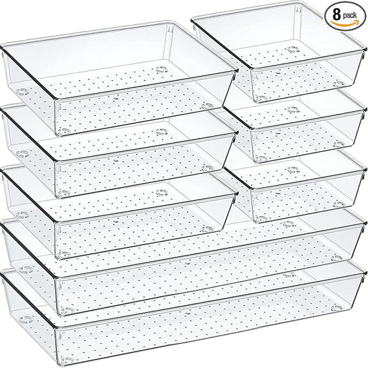 Criusia Drawer Organizer Set, Acrylic Non Slip Non Cracking Kitchen Drawer Storage Tray Large Size Divider, Multifunctional Storage for Cosmetics, Bathroom, Tools, Kitchen and Office (8 PACK) by Criusia