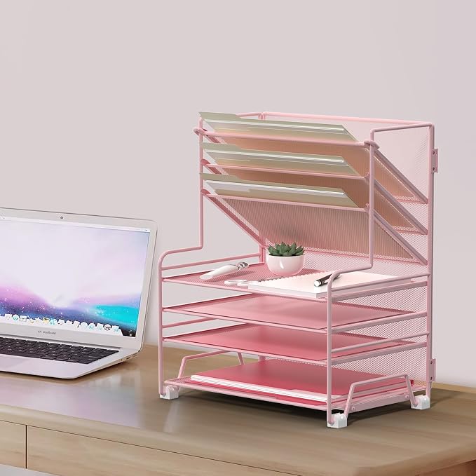MINDEPOT 4-Tier Paper Organizer + 3-Pocket File Holder + Drawer + Pen Holders, Desktop File Organizers Paper Tray for Office Supplies School Classroom Organization (Pink, with Drawer & Pen Holder) - Image 6