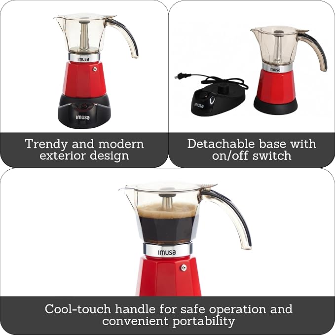 IMUSA 6 or 3 Cup Electric Espresso Coffee Maker with Cool-touch Handle, Red | Detachable Base, Visual Brewing Indicator, Durable Aluminum Construction, Ideal for Cuban and Italian Coffee - Image 3
