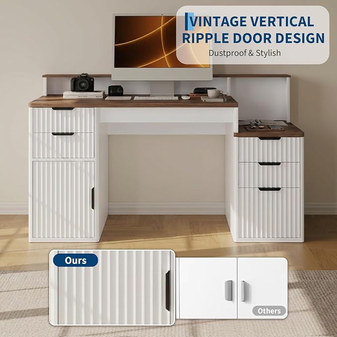 IDEALHOUSE Rectangular Computer Desk with Hutch & Printer Stand, Ripple Door Storage Home Office Desk, Space-Saving Study Writing Desk for Bedroom, Sturdy Board Student Desk with Easy Assembly - Image 3