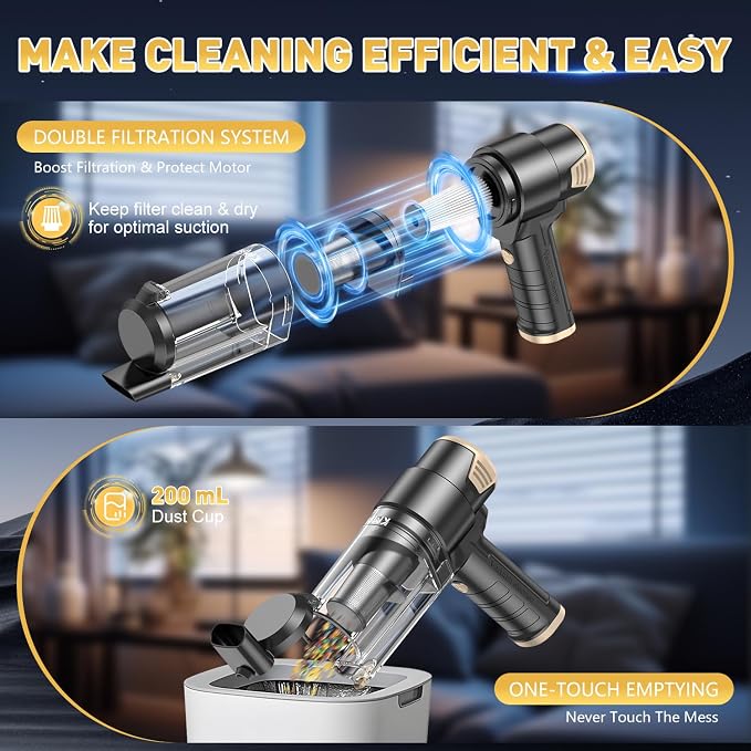 KMM Handheld Car Vacuum Cleaner, 16000PA Air Duster & Vacuum Cleaner, 120W High Power Hand Held Vacuum Cordless, Portable Vacuum Rechargeable with Multi-Nozzles & LED Light for Car, Home, Pet, Office - Image 5