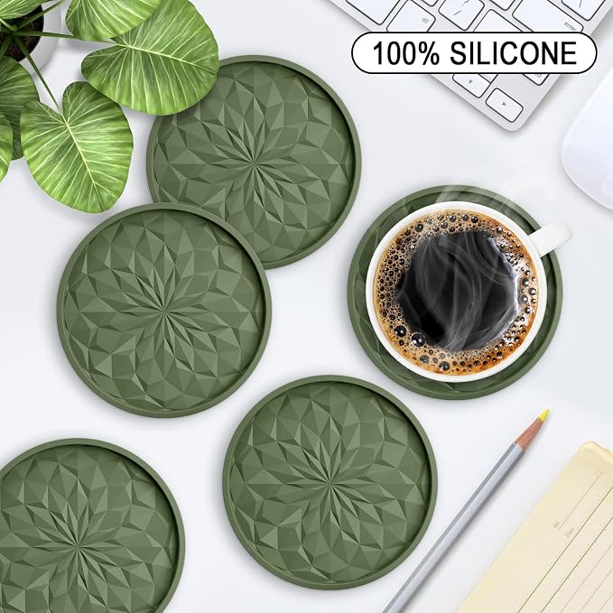 ME.FAN Silicone Coasters with Holder,[6 Pack] Drinking Coasters - Cup Mat for Hot or Cold Drinks, Thickened, Non-Slip, Non-stick,Deep Tray Olive Green - Image 2