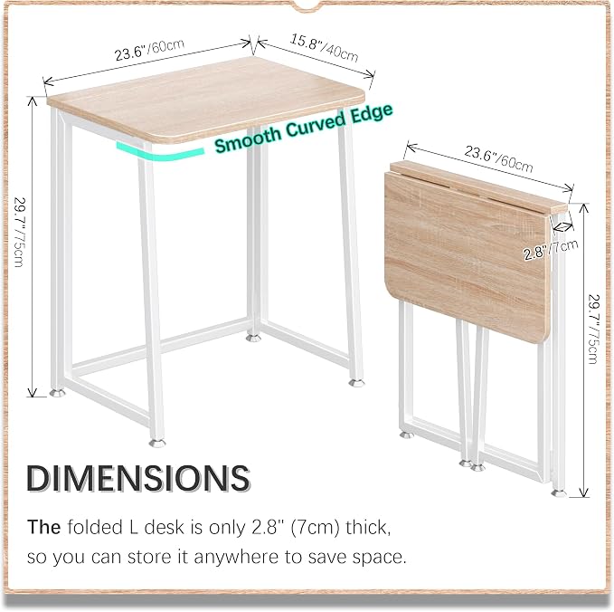 4NM 23.6" Mobile Small Folding Desk, Foldable Rolling Computer Home Office Desk, Study Writing Table for Small Space Saving Bedroom, with Wheels - Natural and White - Image 2