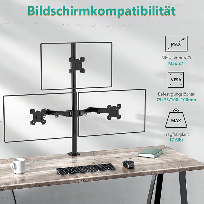 WALI Tall Triple Monitor Mount for 13-27 inch Computer Screens, 3 Monitor Desk Mount, Holds up to 22 lbs, Adjustable Triple Monitors Stand with Swivel Tilt Rotation, 75x75/100x100mm (M003), Black - Image 3