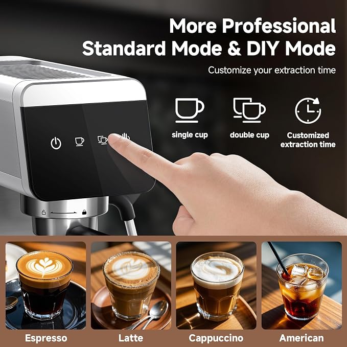 AMZCHEF Espresso Machine 20 Bar, Compact Coffee Maker with LED Touch Screen & Steam Milk Frother, Espresso Maker with 41oz Removable Water Tank for Home & Office, Coffee Machine for Cappuccino, Latte - Image 2