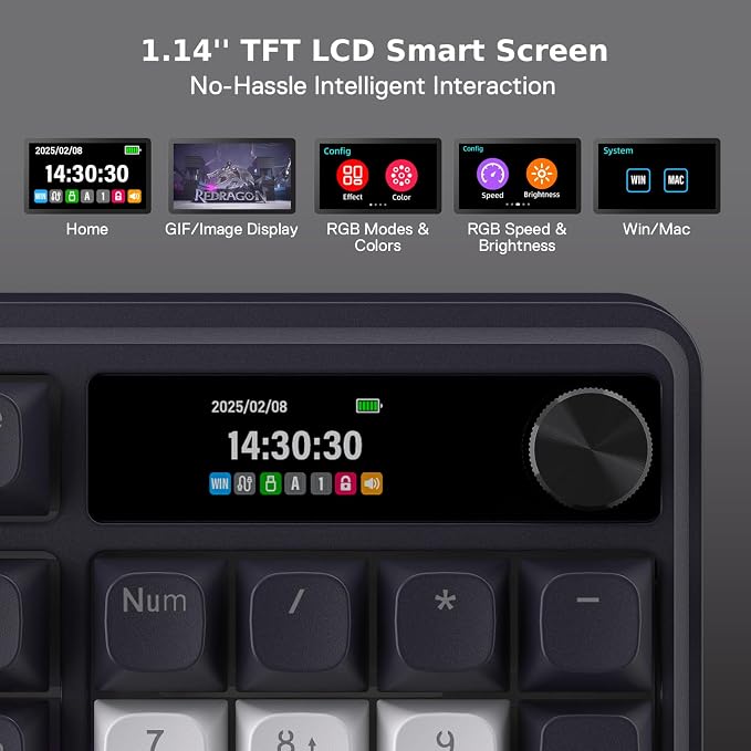 Redragon K762 PRO Wireless 104-Key Gasket Gaming Keyboard, Screen & Knob | Easy-Control LED Info Display, 0-Delay Tri-Mode, Cushioned 5-Layer Noise Dampening for Creamy Thocky Sound, Full-Size 104-Key - Image 5