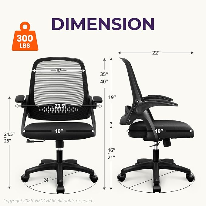 NEO CHAIR Office Desk Chair, Ergonomic Mesh with Flip-Up Armrests, Black | Lumbar Support, Height Adjustment, 360° Swivel and Rolling Base, Space-Saving Design for Home Office, Vanity or Study - Image 2
