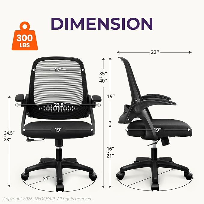 NEO CHAIR Office Desk Chair Computer Gaming Ergonomic Lumbar Back Support with Flip-up Padded Armrest Adjustable Height and Wheels for Home Vanity Bedroom Study (All Black) | Lumbar Support, Height Adjustment, 360° Swivel and Rolling Base, Space-Saving... - Image 2