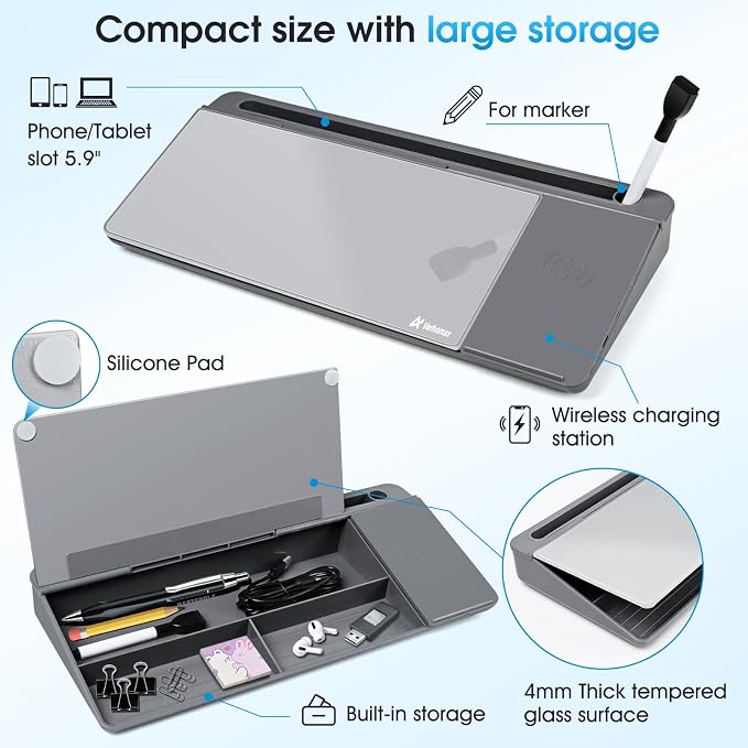 Varhomax Glass Desk Whiteboard with Wireless Charger, Desktop Dry Erase White Board with Storage, to Do List Memo Notepad for Home and Office (Gray) - Image 6