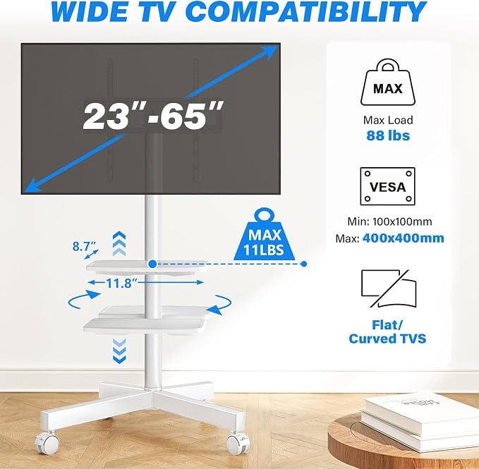 Rfiver Mobile TV Stand for 23-65 Inch LCD LED Flat/Curved Panel Screen TVs up to 88 lbs, Rolling TV Stand with Adjustable Shelf & Tilt, Portable Floor Stand on Wheels for Bedroom, Living Room, White - Image 2