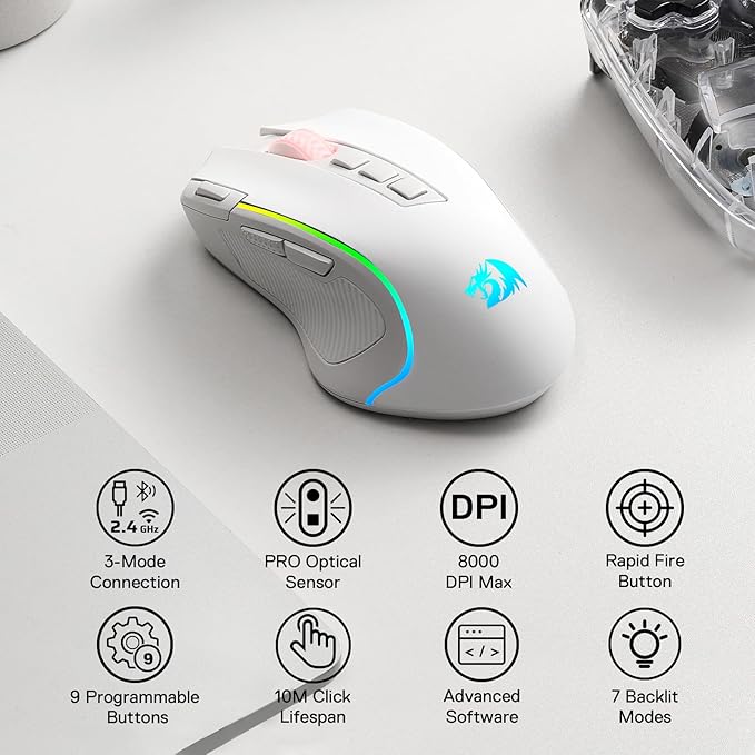 Redragon M612 Wireless RGB Optical Gaming Mouse 8000 DPI Remapping Keys | Cable-Free 0 Delay, Redefine Keybinding Macro, Vibing Backlight, Ergonomic Grip Body Comfort - Image 2