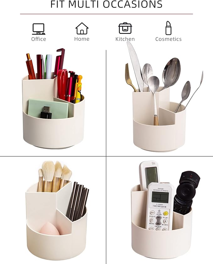 Desk Pencil Pen Holder, 3 Slots 360-Degree Spinning Organizers, Desktop Storage Stationery Supplies, Cute Cup Pot for Office, School, Art Supply, Kids - White - Image 5