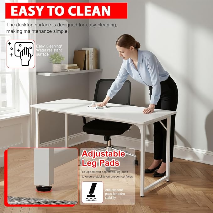 PayLessHere | 55 Inch Computer Desk | White | Office Desk with Metal Frame, Adjustable Feet | Water-Resistant, Scratchproof Surface | Sturdy Writing Table for Home Office or Study | Pack of 1 - Image 5