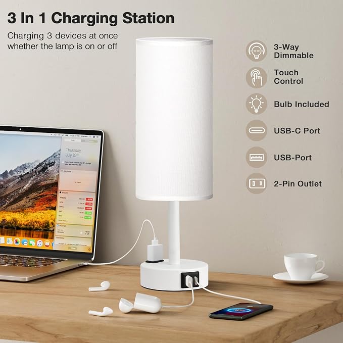 Fenmzee Matte White Bedside Table Lamp for Bedroom - 3 Way Dimmable Touch Lamp USB C Charging Ports and AC Outlet, Small Lamp Round Flaxen Fabric Shade for Living Room, Desk, LED Bulb Included - Image 2