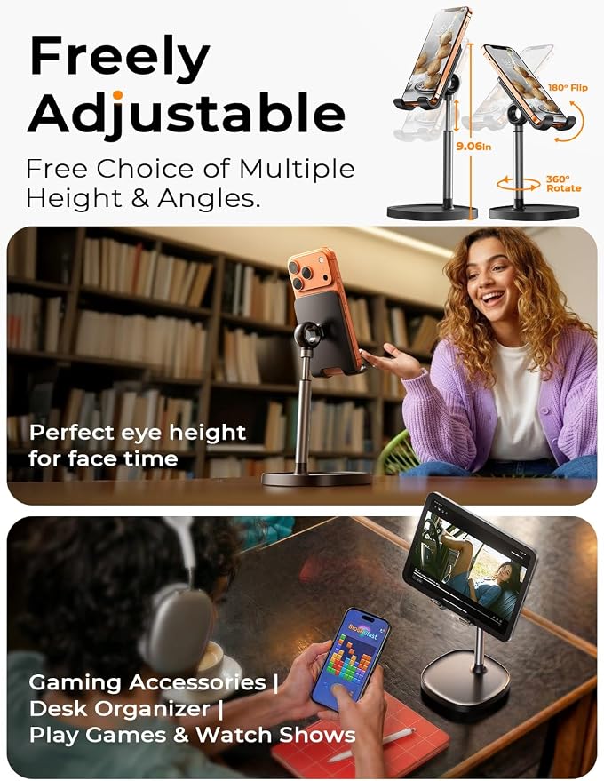 LISEN Cell Phone Stand Phone Holder for Desk, Gaming for Nintendo Switch | Office Desk Accessories for Women, iPhone Stand, Gadgets for Men Gifts, Office Decor, OtterBox Case, Switch, iPad, 4-10 in - Image 2