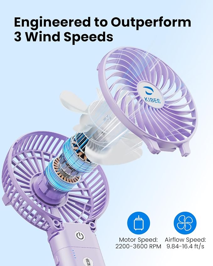KIBEE Portable Handheld Fan, 5200mAh Rechargeable Mini Fan with Up to 20H Runtime, 180° Foldable Personal Fan, 3 Speeds, Desk Stand, Travel Essentials for Women, Concerts, Makeup, Camping, Purple - Image 2