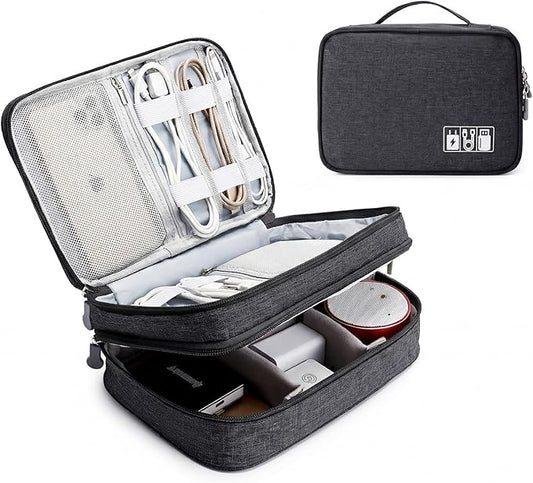 Lanola Travel Cable Organizer Bag, Electronic Accessories Case Portable Double Layer Cable Storage Bag for Cord, Charger, Flash Drive, Phone, SD Card,Personal Items - (Black) by Lanola