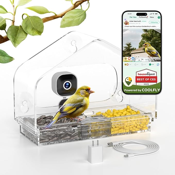 Smart Window Bird Feeder Camera with AI, Modern Design for Panoramic Views, 2K HD Live Feed, USB Powered & Secure Suction Mount - The Ultimate Tech Gift (Clear) by RichBird