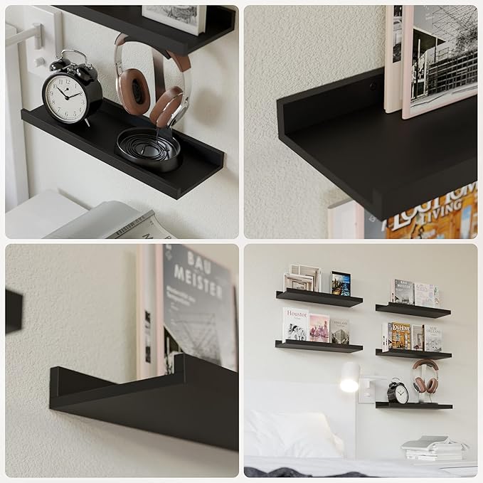 RICHER HOUSE 5 Set Floating Wall Mounted Shelves, Black Shelves for Wall Decor, Modern Picture Ledge Shelf with Lip for Storage, Nursery, Bedroom, Living Room, Bathroom - Black | Display Picture Ledge Shelf, Anti-drop lip Shelf for Room Wall Decor, Bed... - Image 5