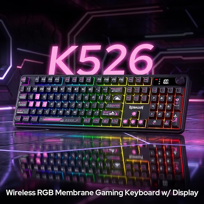 Redragon K526 PRO Wireless RGB Membrane Gaming Keyboard, LED Screen & Knob | See Battery, Mode & Time at a Glance, 0-Delay Tri-Mode, One-Touch Backlit & Media Adjust, 26-Key Anti-Ghost for Combo-Strike - Image 9