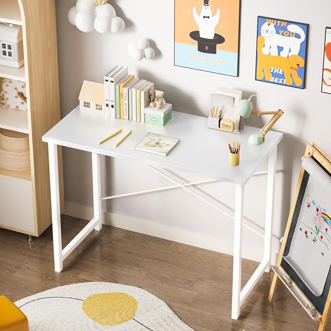 Sweetcrispy 32-Inch Small Computer Desk for Bedroom, Light White | Gaming Writing Work and Study Desk for Home Office, Sturdy Metal Frame and Compact Modern Design with X-Shaped - Image 2