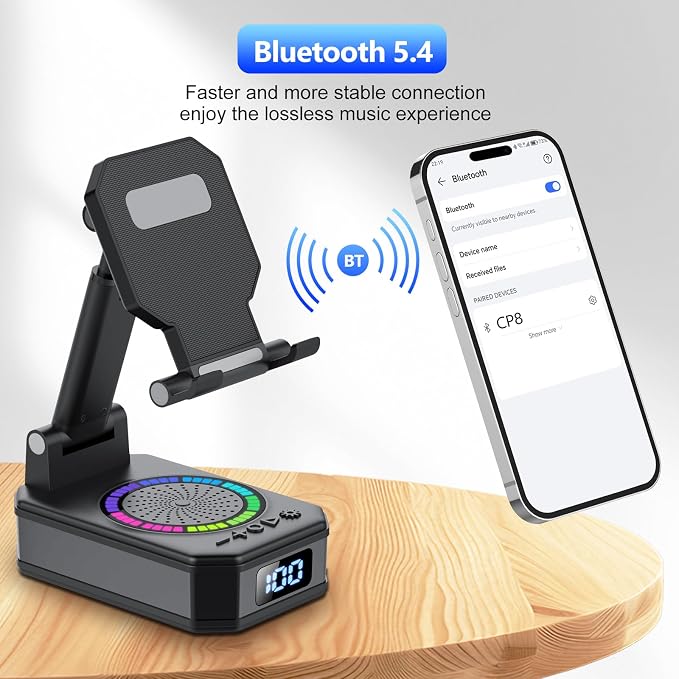 Gifts for Men Women, Cell Phone Stand with Wireless Bluetooth Speaker and Colorful LED Lights, 4-in-1 Multifunctional Phone Holder Support Fast Charging, Adjustable Desktop Stand, Best Gifts - Image 8