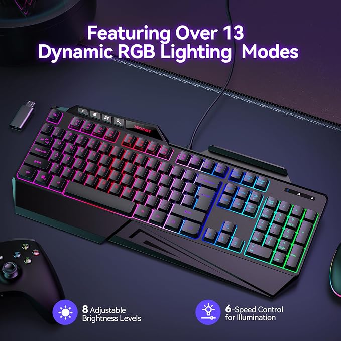 TECKNET Wired RGB Gaming Keyboard - 26-Key Anti-Ghosting, 13 Lighting Modes, Spill-Resistant, 108 Membrane Keys, Plug & Play - with Ergonomic Wrist Rest & Phone Holder for Windows/Mac (Black) - Image 4
