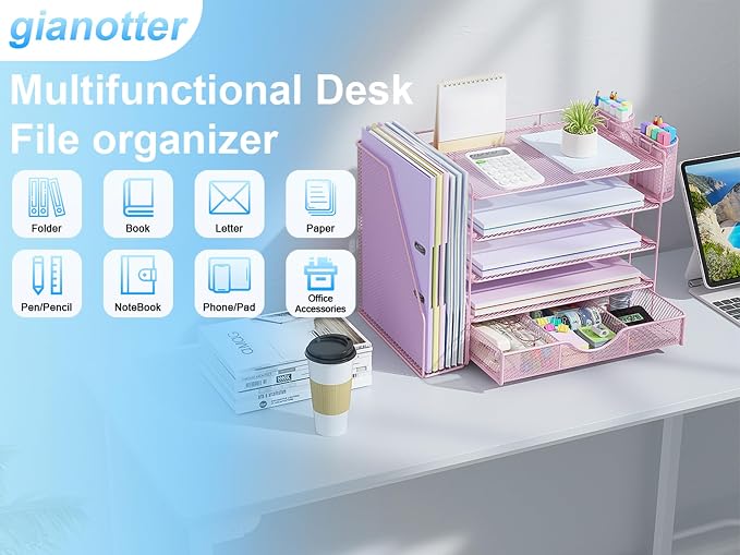 gianotter 5-Tier Desk Organizer with Drawers and File Holders | Letter Trays and Pen Holders - Workspace Accessories for Office Supplies (Pink) - Image 7
