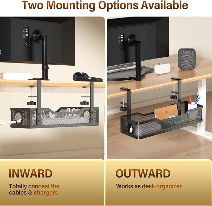 [Upgraded] 2 Pack Under Desk Cable Management Tray, Cinati Cord Organizers for Table Thickness up to 3", 16" Wire Organization with Clamp No Drill, Cable Management Box for Office - No Damage to Desk - Image 5
