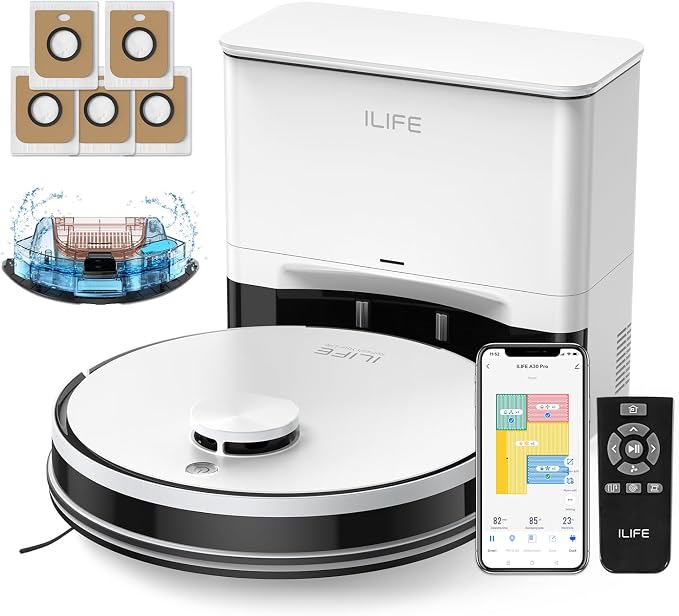 ILIFE A30 Pro Robot Vacuum and Mop,10000Pa Max Suction | 60 Days Self Emptying, LiDAR Navigation, 150 Min Max, App, Remote & Voice Control, Ideal for Hard Floors, Carpet & Pet Hair by ILIFE