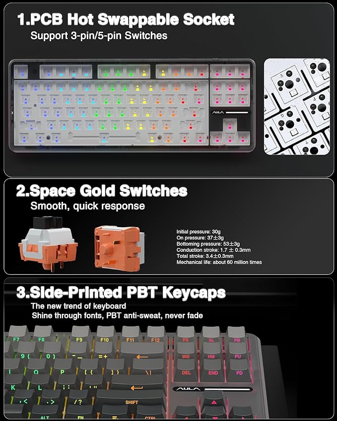 AULA F87 Pro Wireless Mechanical Keyboard,Tri-Mode BT5.0/2.4GHz/USB-C Hot Swappable Custom Keyboard,Pre-lubed Switches,Side Printed PBT Keycaps,75% TKL RGB Backlit Gaming Keyboards - Image 5