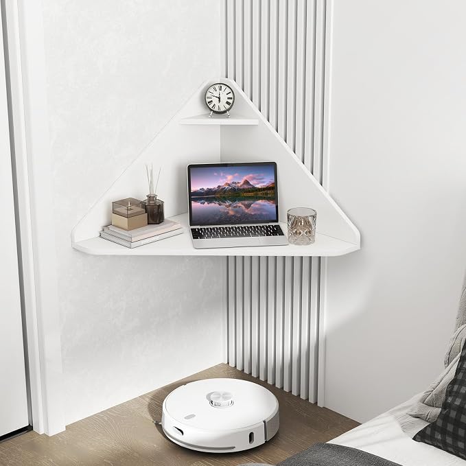 GOFLAME Floating Corner Desk, Wall Mounted Triangular Computer Desk w/Storage Shelf, Space-Saving Design, 90° Wooden Floating Home Office Desk for Writing, Working, Studying (White) - Image 6