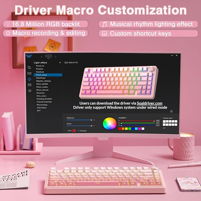 AULA F75 Pro Wireless Mechanical Keyboard Silent Version,75% Hot Swappable Custom Keyboard with Knob,RGB Backlit,Pre-lubed Switches,Side Printed PBT Keycaps,2.4GHz/USB-C/BT5.0 PC Gaming Keyboards,Pink - Image 7
