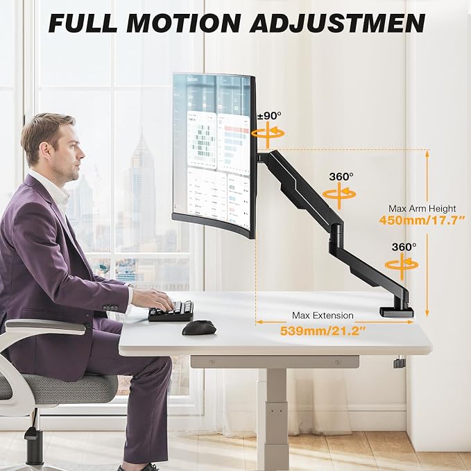 5Rcom Single Monitor Arm for 13-35 Inch Computer Screens | Fully Adjustable Heavy Duty Mount, Holds 22lbs, Fast Install, Cable Management, Black - Image 3