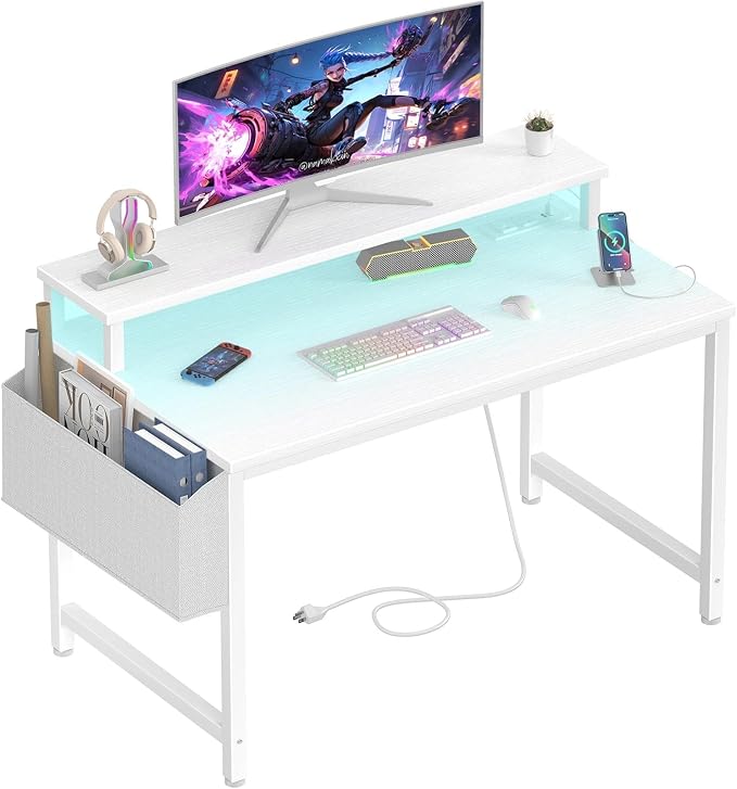 Lufeiya Small White Desk with LED Lights and Power Outlets, 32 Inch Home Office Computer Desks with Monitor Stand, Teen Writing Study Table Gaming Desk with Charging Station, White by LUFEIYA