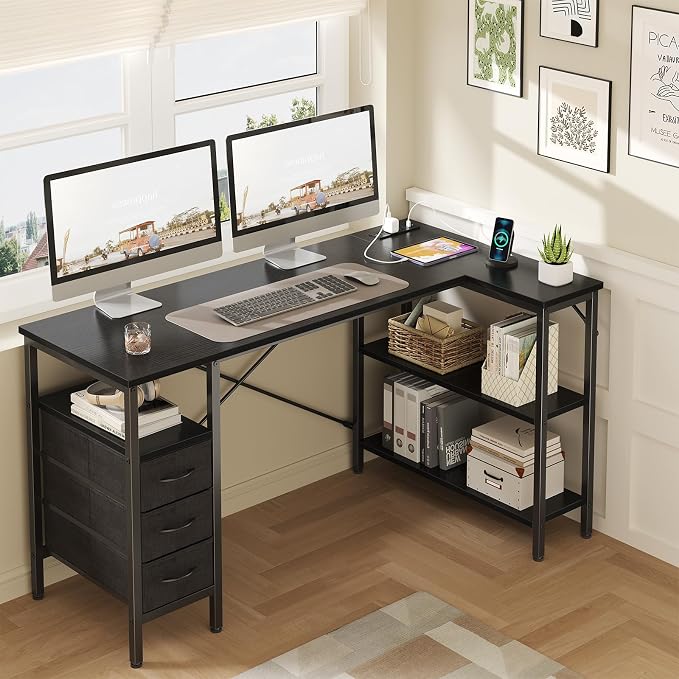 DUMOS L Shaped Desk with Drawers, Gaming Desk, 55 Inch | Power Outlet, Study Table, Adjustable Shelves, Home Office, Corner Computer Workstation, Bedroom, Black - Image 2