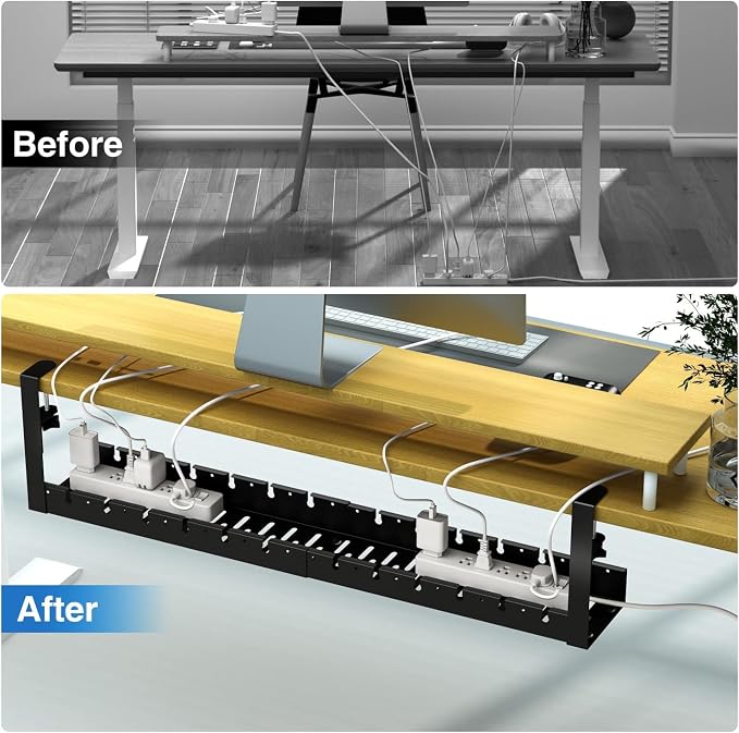 No Drilling Extendable Under Desk Cable Management, Metal Cable Management Tray Under Desk with Clamp, Retractable Power Strip Cord Holder for Wire Management 31Inch (2 Pack Extendable 31') - Image 5