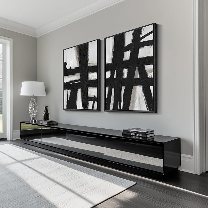 Large Framed Black and White Abstract Wall Art for Living Room, 2 Piece Modern Canvas Prints Wall Paintings Artwork for Walls, Minimalist Black Lines Pictures for Hallway Office Wall Decor 24x36 In - Image 2