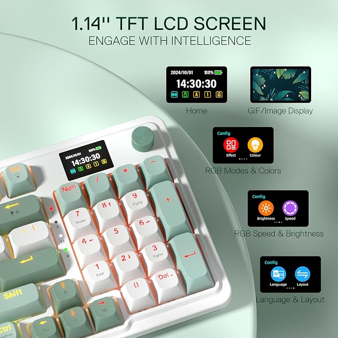 Redragon K719 PRO Wireless 95-Key Gasket Gaming Keyboard, TFT Screen & Knob | Easy-Control LED Info Display, 0-Delay Tri-Mode, Cushioned 5-Layer Noise Dampening for Creamy Thocky Sound, Practical 95 keys - Image 4