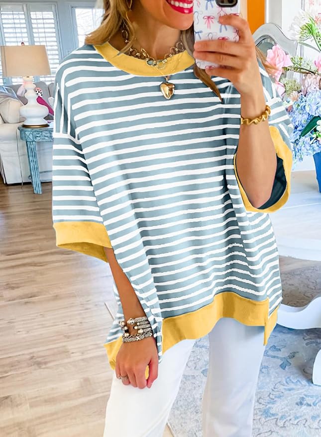 SHEWIN Womens Tops Casual Short Sleeve Sweatshirt Crewneck Striped Shirt Pullover T Shirts Loose Blouses - Image 2