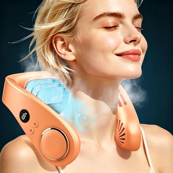 Neck Air Conditioner with Metal Cooling Plate, 5500mAh Batteries & LED Display, Silent Wearable Personal AC Unit, Bladeless Headphone Fan for Hot Flash Relief for Women Men Adults Outside, Orange by FWV