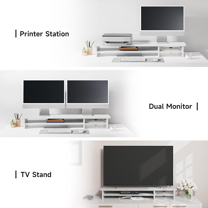 Fenge Monitor Stand, Dual Monitor Riser, 42.5inch Large Desk Computer Monitor Stand Riser with Drawer, 2 Tier Wood & Acrylic Desktop Organizer for Computer, Laptop, Printer, TV Screen Riser - Image 8