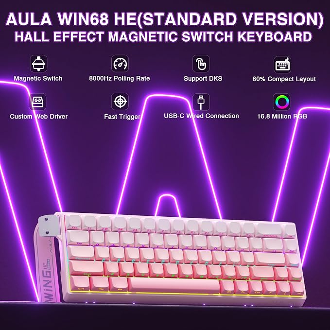 AULA WIN68 HE Mechanical Gaming Keyboard 60%, Hall Effect Magnetic Switch, Fast Trigger Mode Adjustable Actuation, 8000Hz Polling Rate, RGB Backlit, Wired Pink Keyboard for Laptop/PC Gamer - Image 2