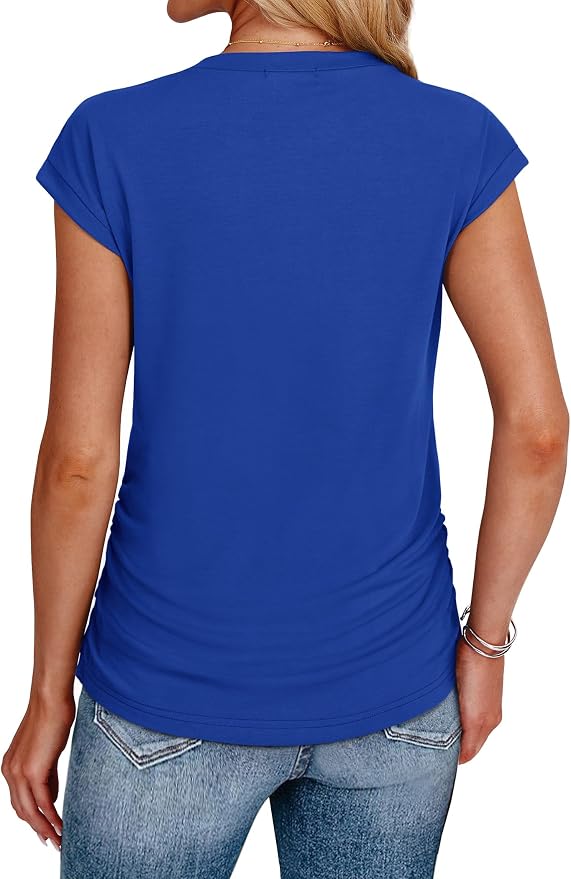 Sampeel Womens Summer Tops Trendy 2026 Ruched Cap Short Sleeve Tshirts Shirts Crew Neck T Shirts Fashion - Image 5