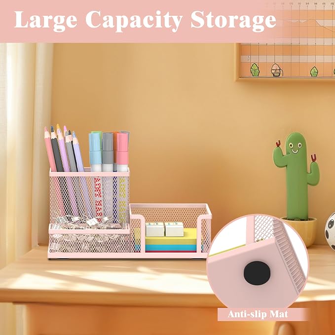 SUPEASY Mesh Pen Holder Desk Organizer, Office Supplies Pencil Storage with 3 Compartments, Office Desk Accessories and Workspace Organizers for Home School Classroom, Pink - Image 2