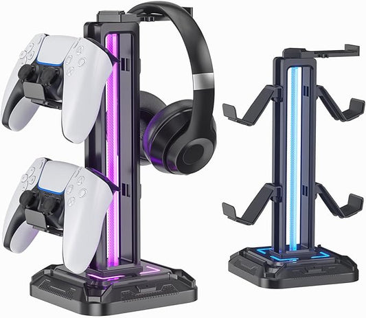 KDD RGB Headset Stand with 9 Light Modes - Controller Holder for Desk - Rotatable Headphone Stand & Detachable Controller Hook for PC Earphone Accessories(Black) by KDD