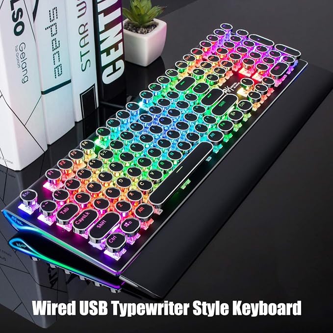 RK ROYAL KLUDGE S108 Typewriter Style Mechanical Gaming Keyboard with RGB Backlit, Wired PC Game Keyboard Full Size with Detachable Wrist Rest and Number Pad, Retro Round Keycaps, Red Switches Black - Image 2