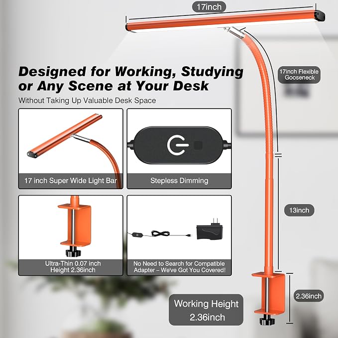 Airlonv LED Desk Lamp for Office Home, Eye-Caring Desk Light with Stepless Dimming Adjustable Flexible Gooseneck, 10W USB Adapter Desk Lamp with Clamp for Reading, Study, Workbench (Orange) - Image 3
