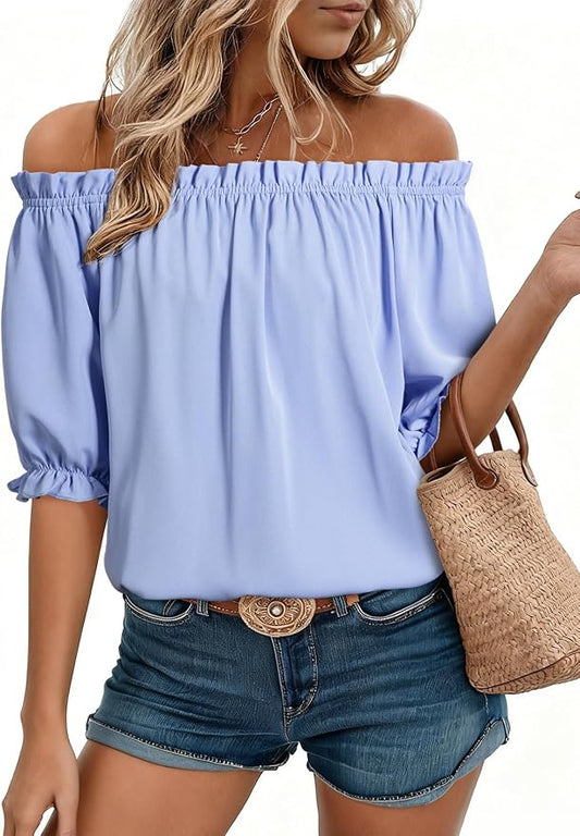 EVALESS Womens Tops Off The Shoulder Blouses for Women Dressy Casual Cute Puff Sleeve T Shirts Fashion 2026 by EVALESS