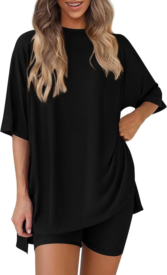 PRETTYGARDEN Women 2 Piece Lounge Set 2026 Summer Casual Oversized Shirts Biker Shorts Matching Airport Travel Outfit Clothes by PRETTYGARDEN